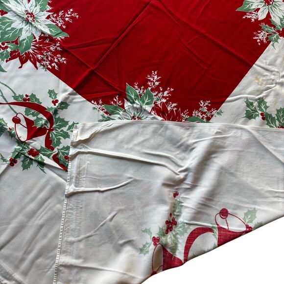 Vintage mid century Christmas tablecloth cotton print rectangle red white FLAWS - Picture 9 of 10